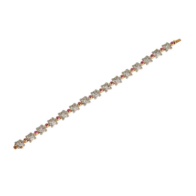 Bracciale tartarughe in oro bianco e giallo 14 kt, diamanti e pietre rosse