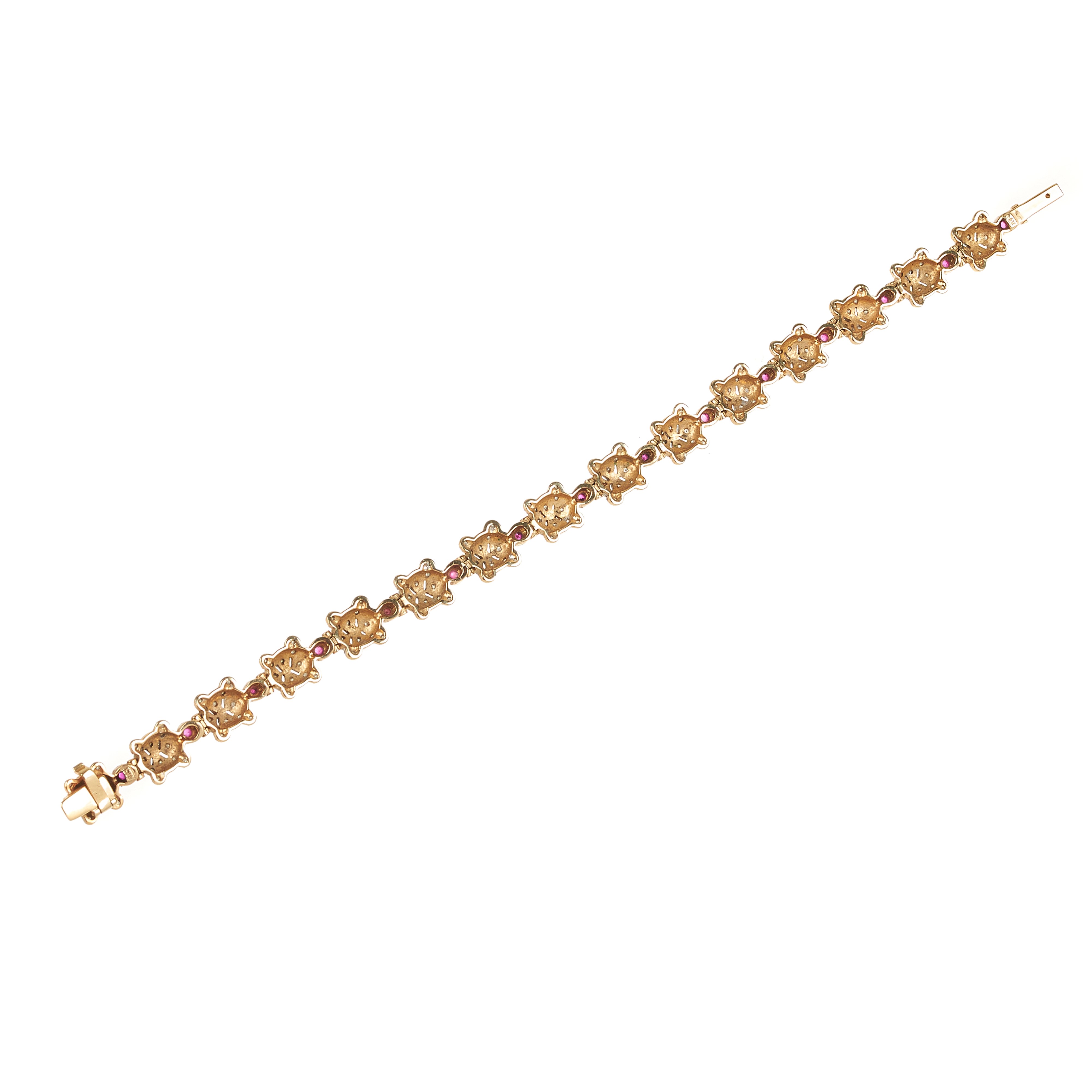 Bracciale tartarughe in oro bianco e giallo 14 kt, diamanti e pietre rosse