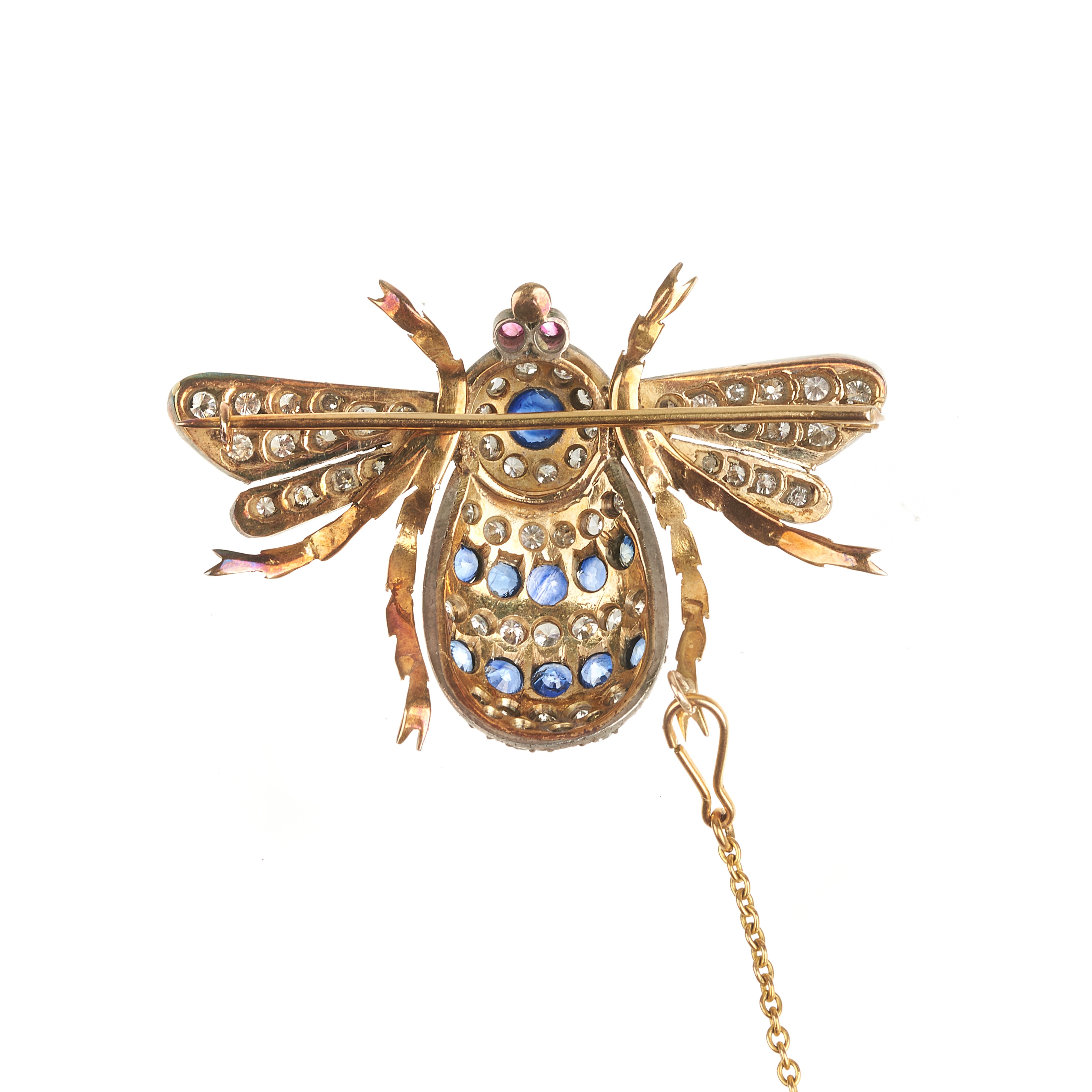 Grande spilla Ape in oro giallo 18 kt, argento, diamanti e zaffiri
