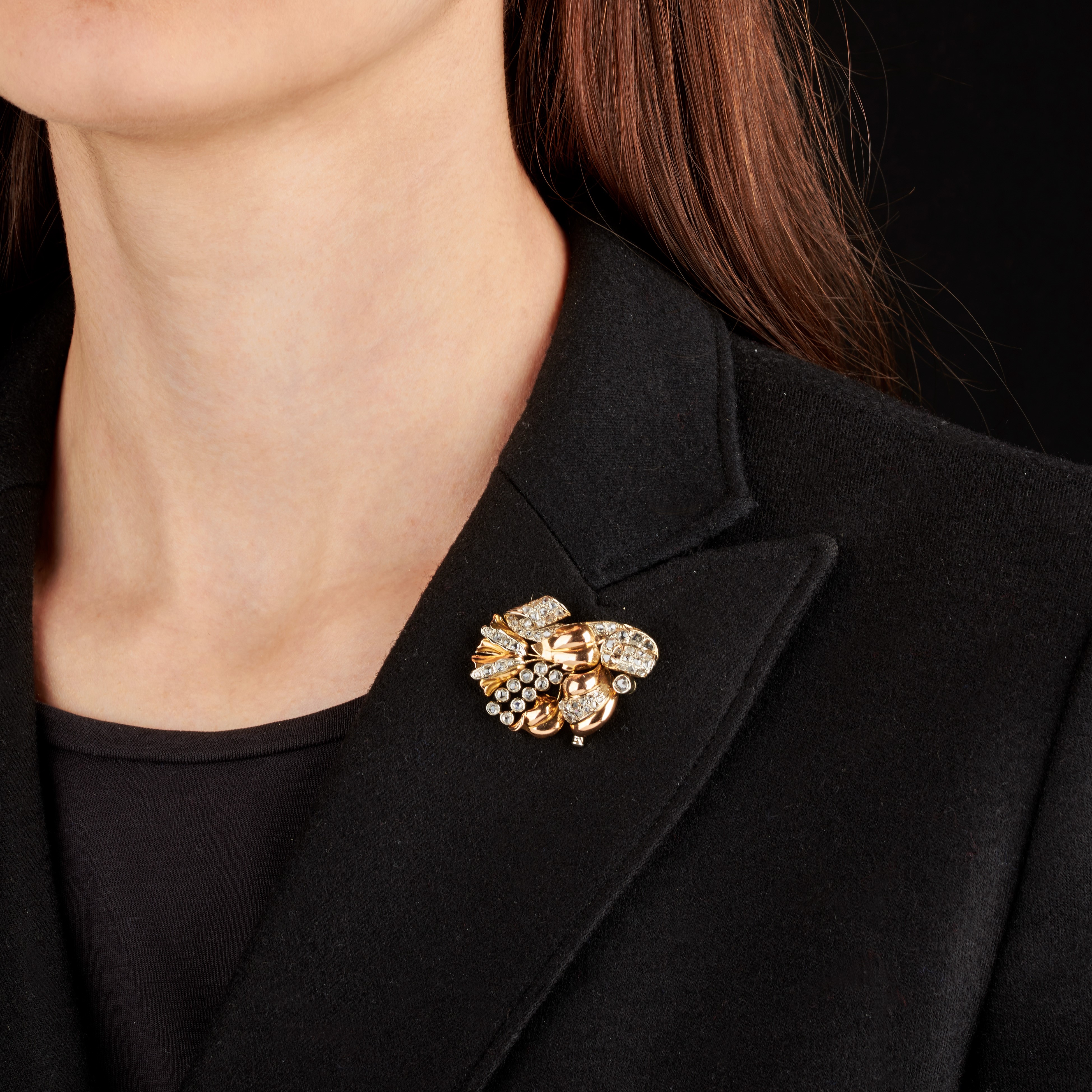 Clip fantasia in oro giallo 18 kt, oro bianco e diamanti