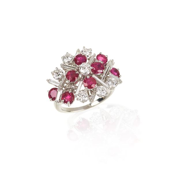 Fantasy ring in 18 kt white gold, diamonds and rubies