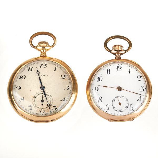 LONGINES - 18 kt yellow gold pocket watch and another similar one