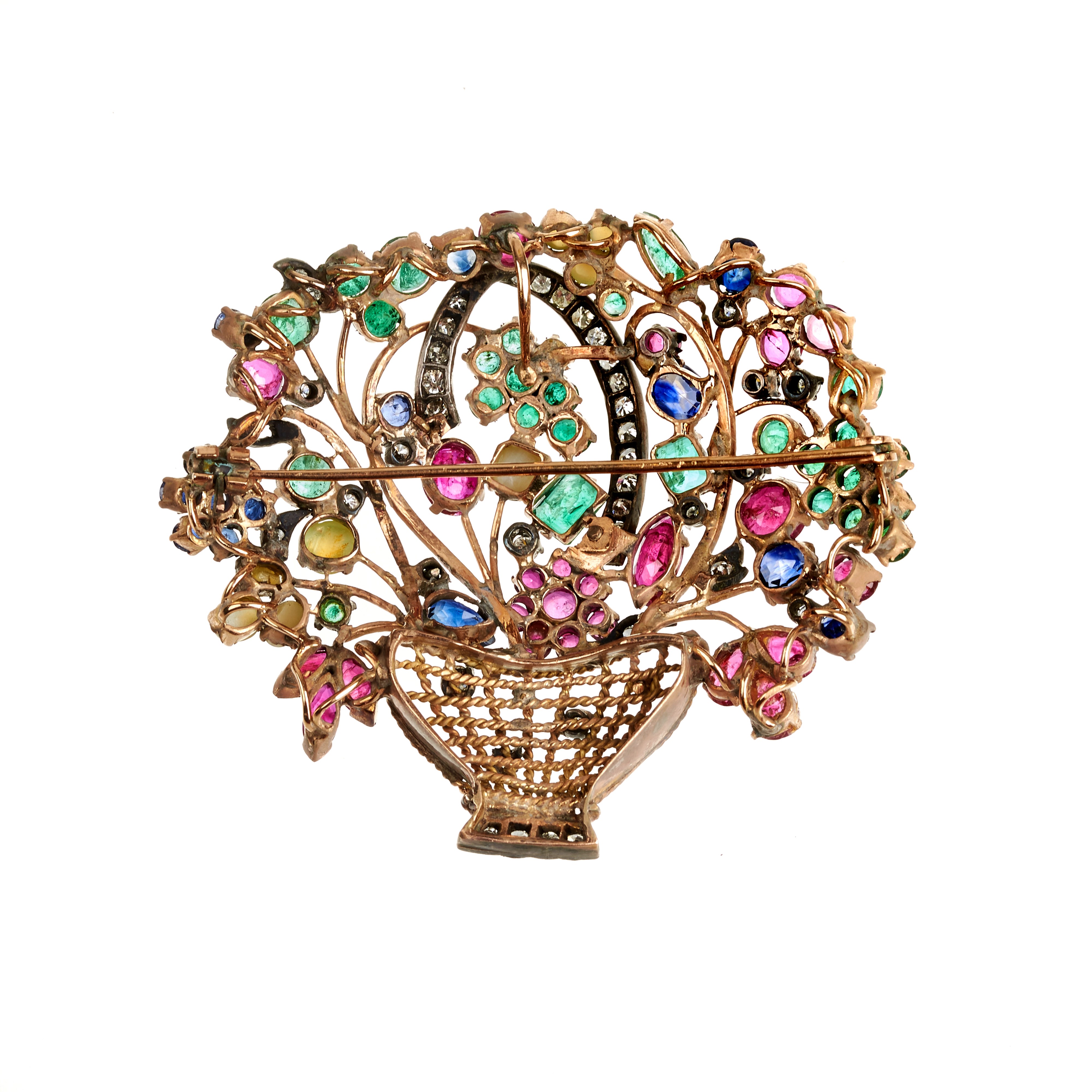 Spilla pendente cestino in oro rosa 18 kt, diamanti, rubini, zaffiri e pietra di luna