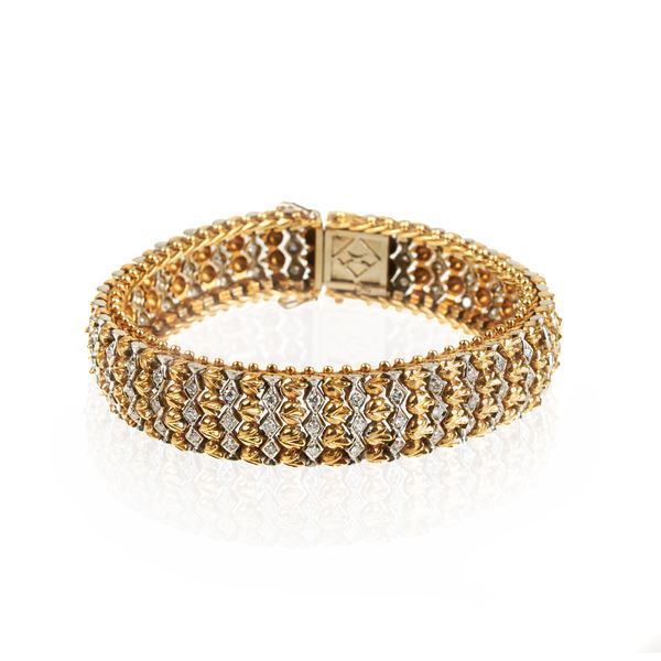 Fabric imitation bracelet in 18 kt yellow gold, white gold and diamonds