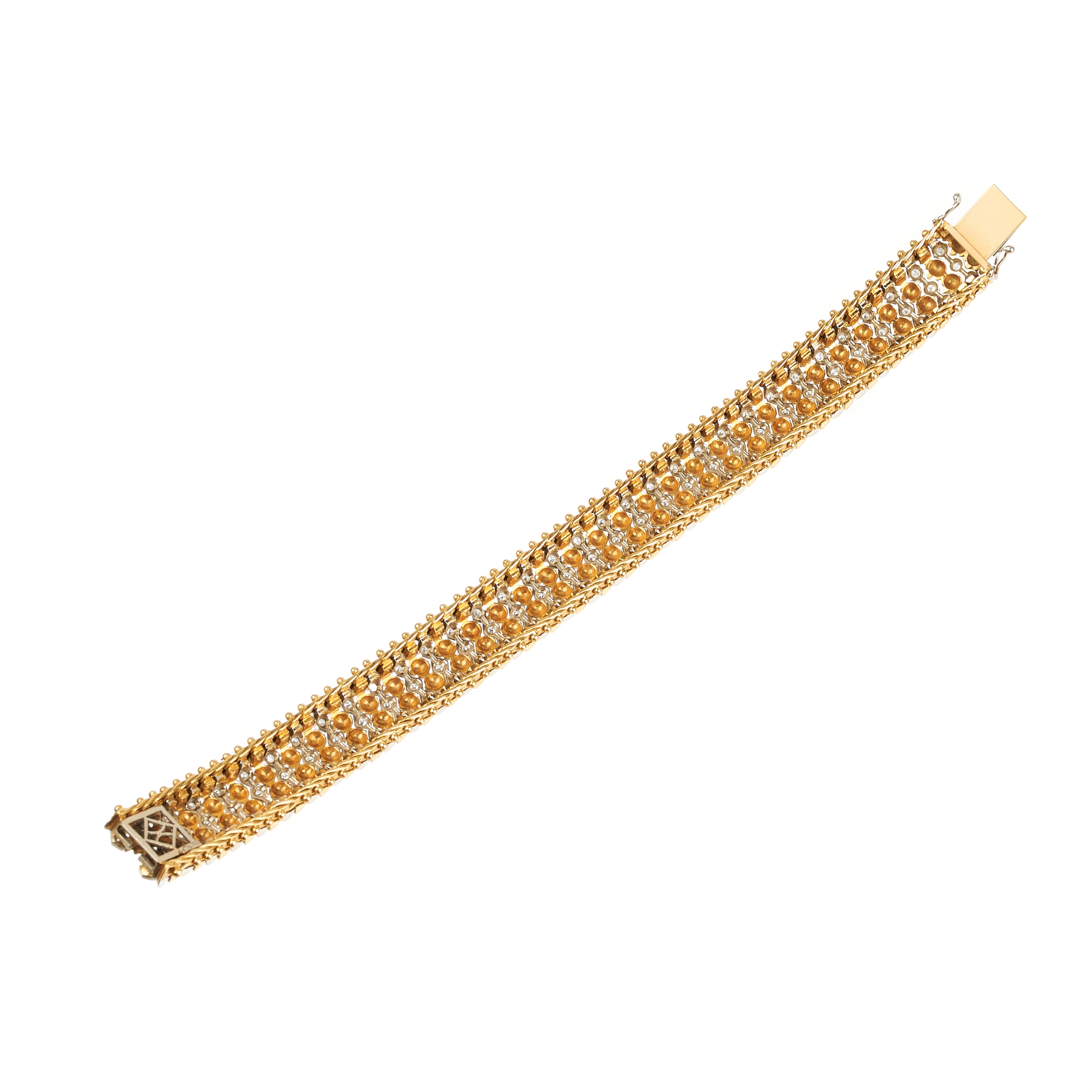 Bracciale ad imitazione del tessuto in oro giallo 18 kt, oro bianco e diamanti