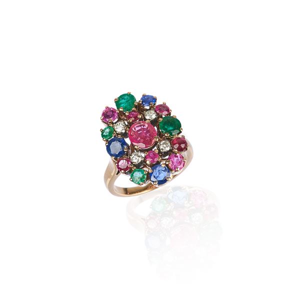 Shield ring in yellow gold, diamonds, rubies, sapphires and emeralds