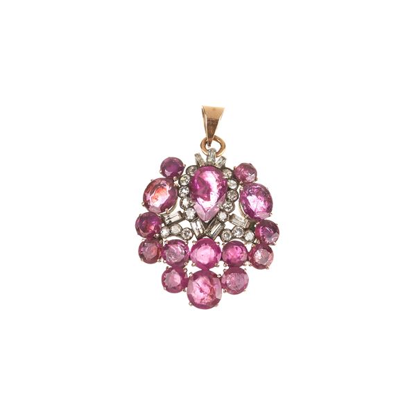 Fantasy pendant in 18 kt yellow gold, silver, diamonds and rubies