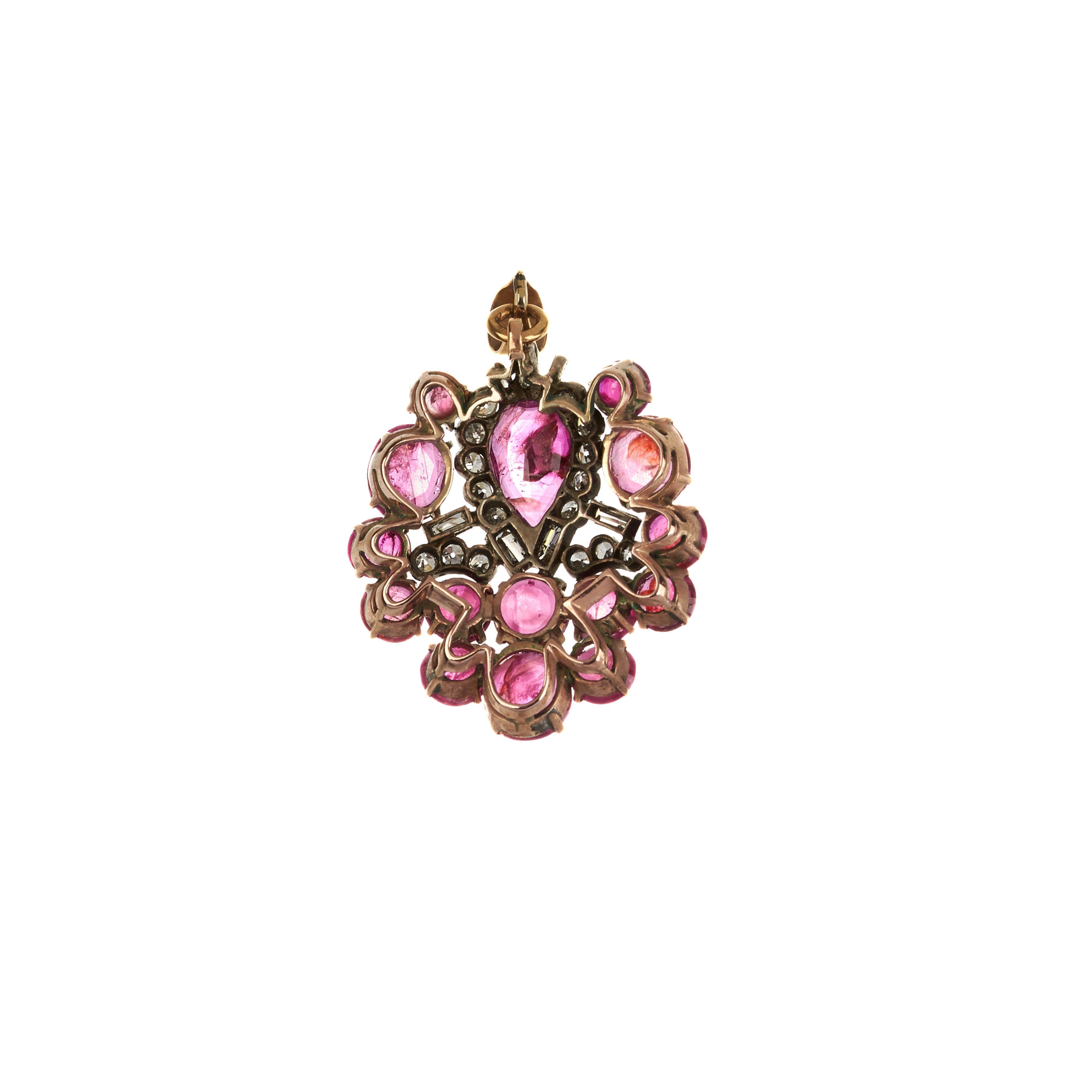 Pendente fantasia in oro giallo 18 kt, argento, diamanti e rubini