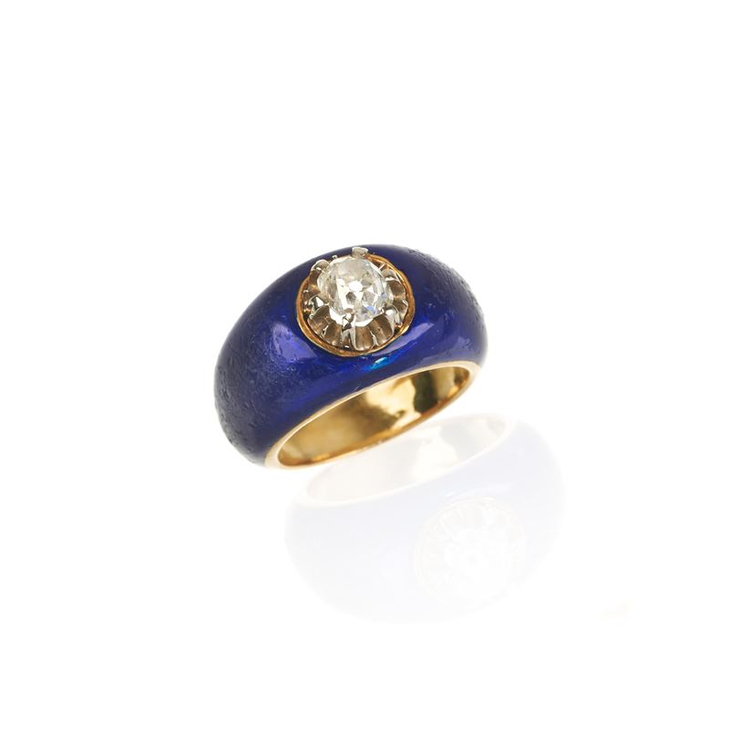 Anello da mignolo in oro giallo 18 kt, smalto blu e diamante