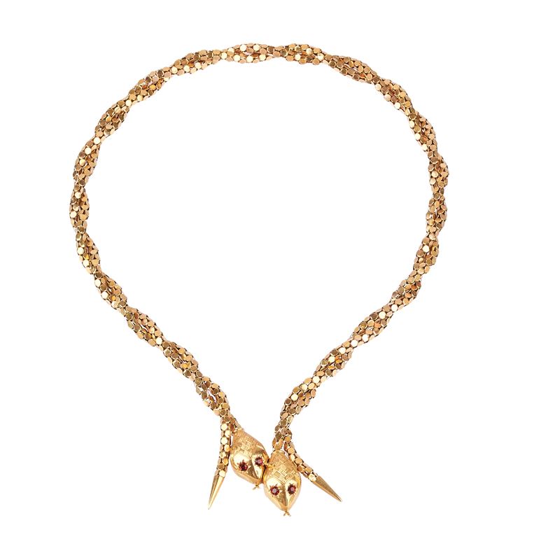 Girocollo Serpente in oro giallo 18 kt e pietre rosse