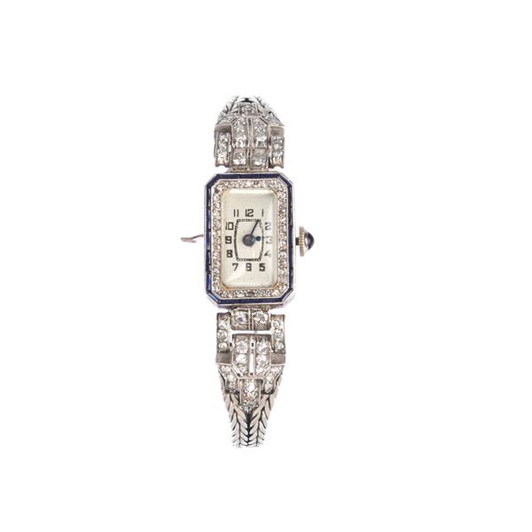 Lady's watch in platinum, 18 kt white gold, sapphires and diamonds