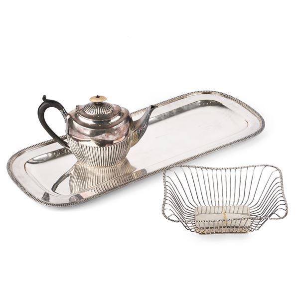 English Sheffield teapot, silver metal tray, 800 silver bread basket