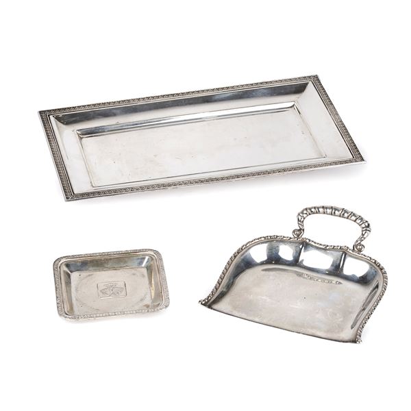 Rectangular centrepiece, square empire style ashtray and 800 silver dustpan