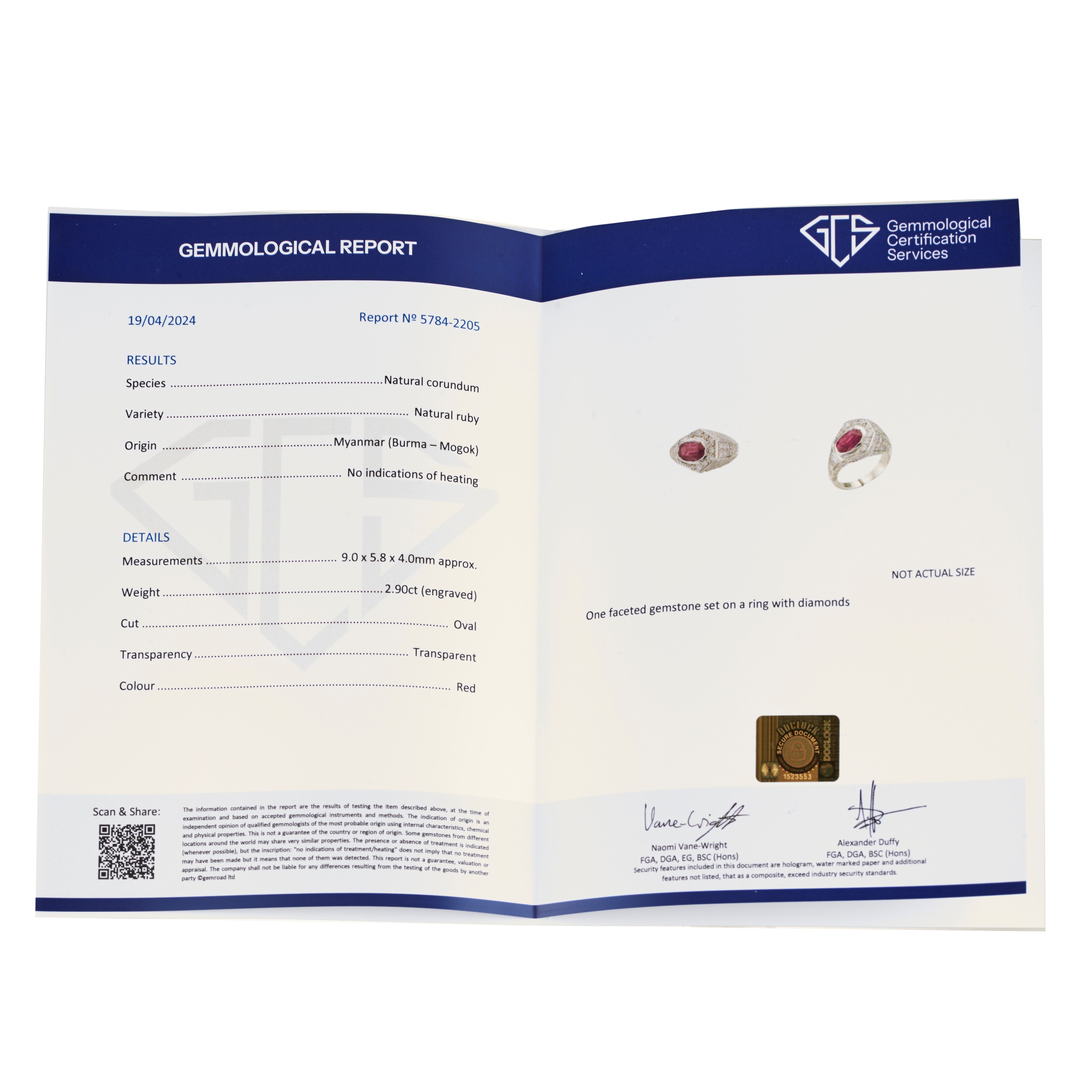 Anello in oro bianco, diamanti e rubino naturale Birmano