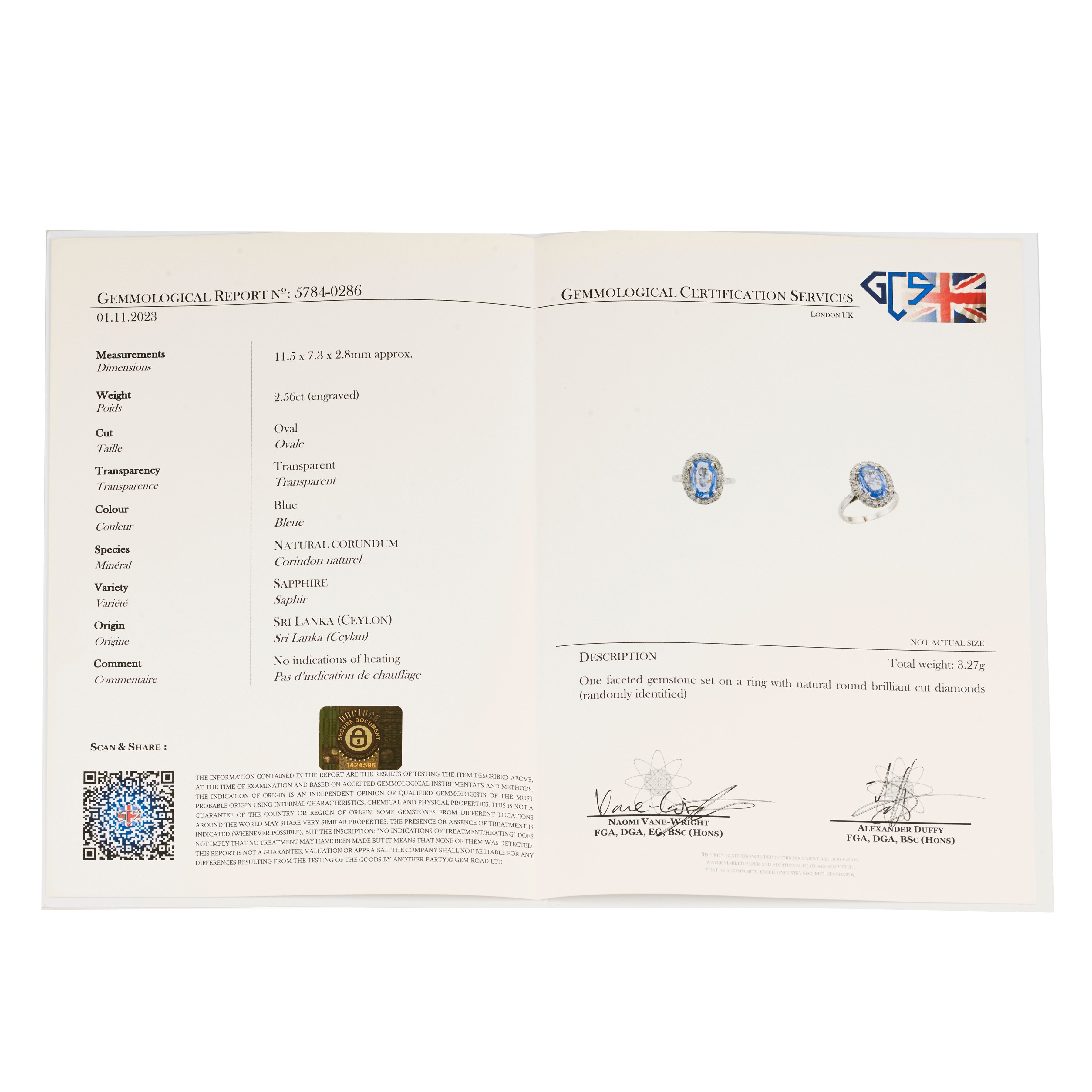 Anello in oro bianco, diamanti e zaffiro naturale Sri Lanka