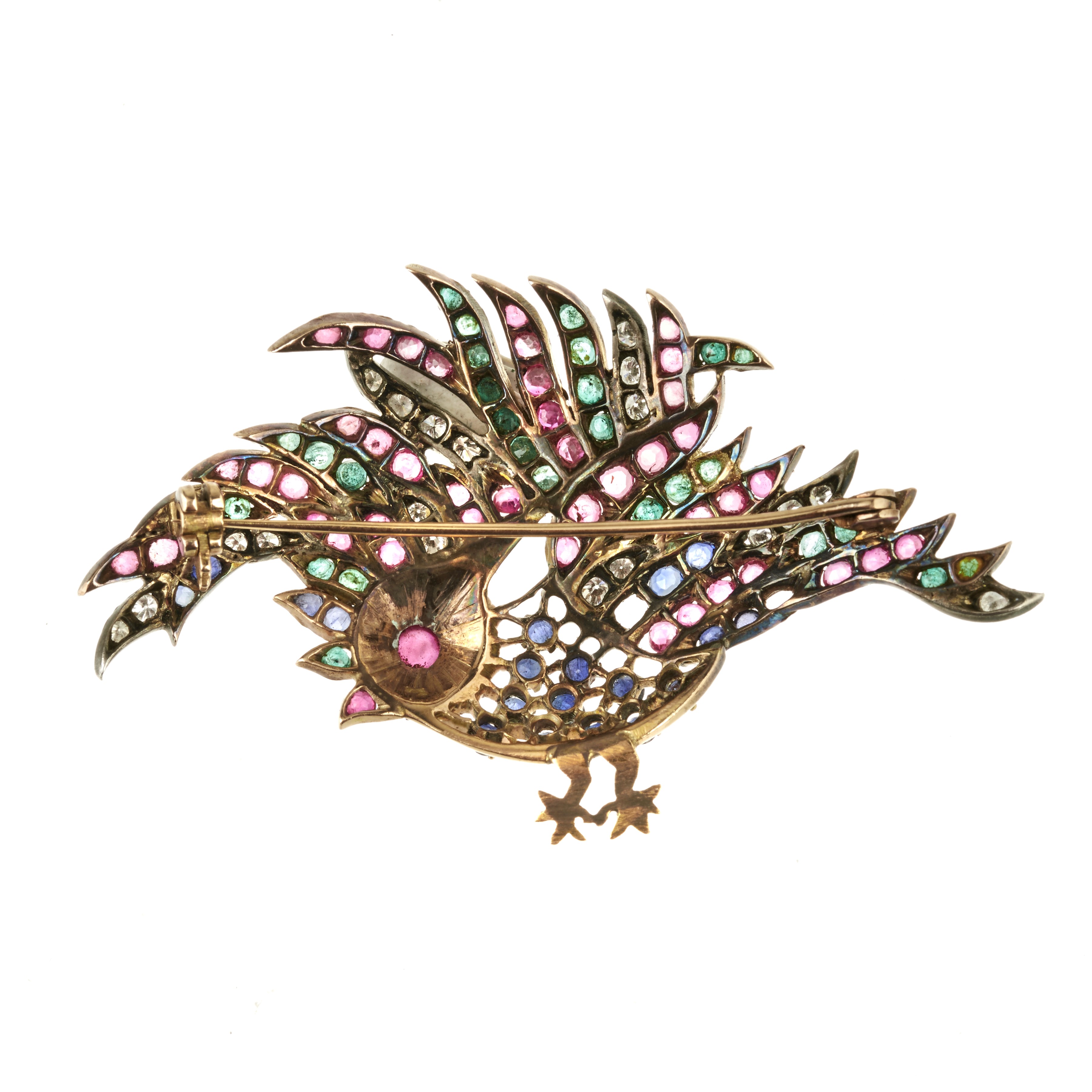 Spilla Pappagallo in oro a basso titolo, zaffiri, smeraldi e rubini naturali