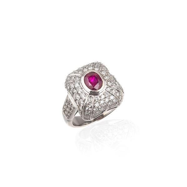 Yellow gold, diamond and ruby cushion ring