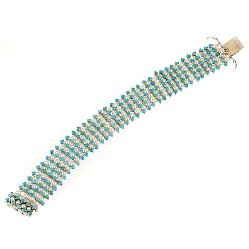 Bracciale in oro bianco, micro perle e turchese