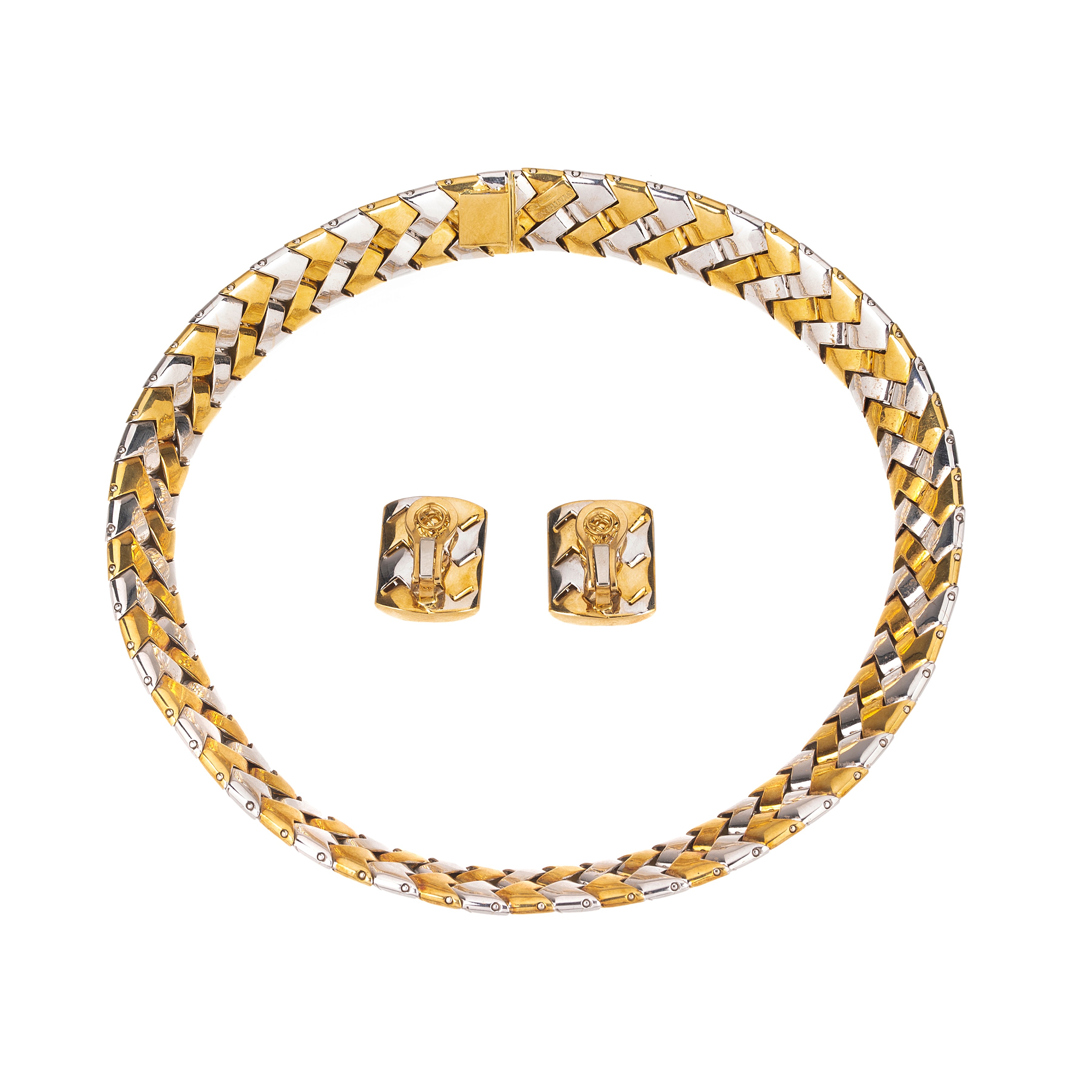 Importante collier in oro giallo 18 kt, oro bianco e diamanti e paio di orecchini en suite