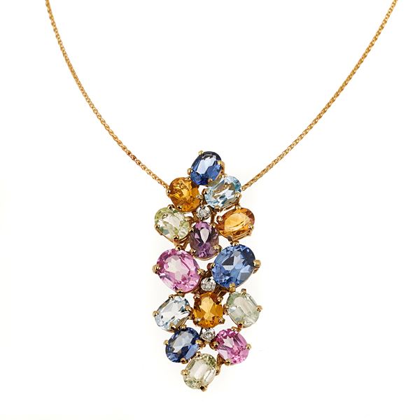 Grande pendente in oro giallo 18 kt, vetro e pietre sintetiche di colori diversi