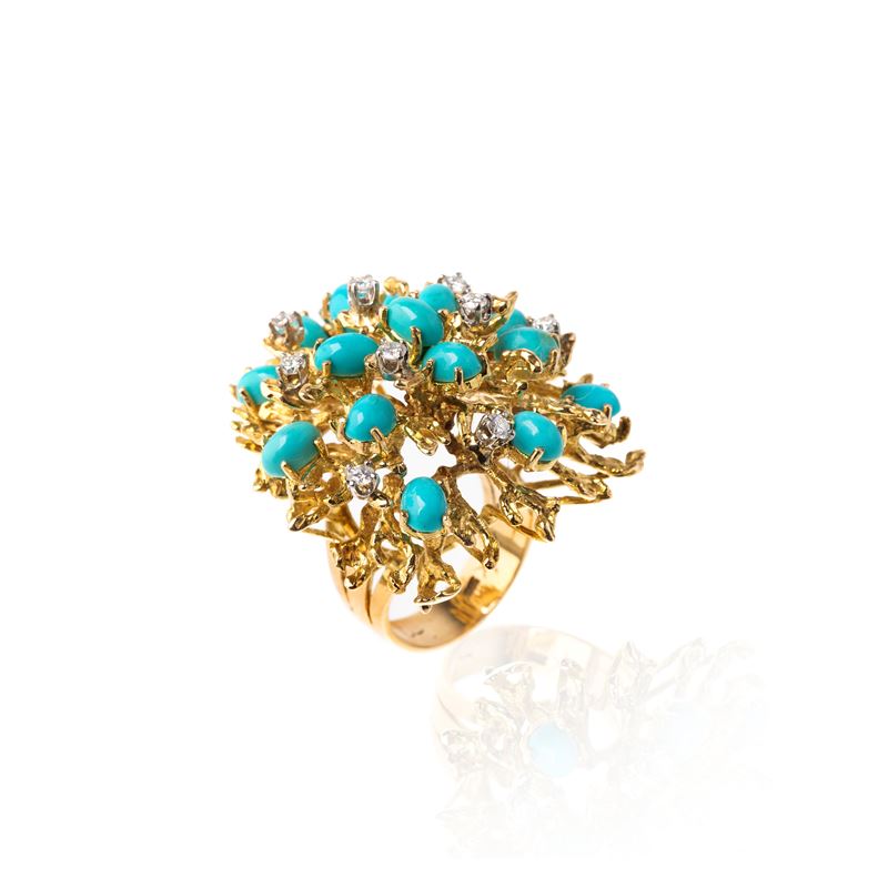 Grande anello in oro giallo 12kt, diamanti e turchese