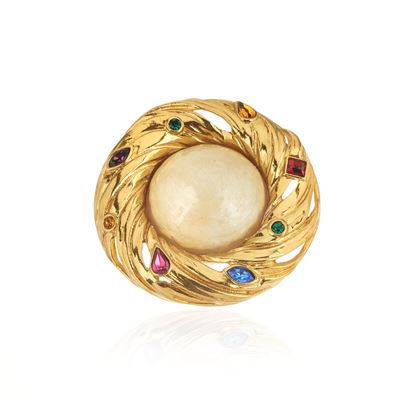 Grande Spilla in Metallo Dorato, Resina e Strass di Vari Colori