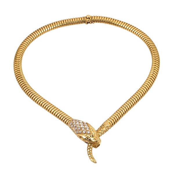Snake necklace in 18 kt yellow gold and diamonds