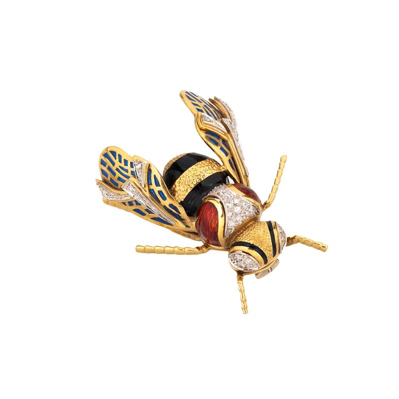 Spilla Ape in oro giallo 18 kt, diamanti e smalti policromi