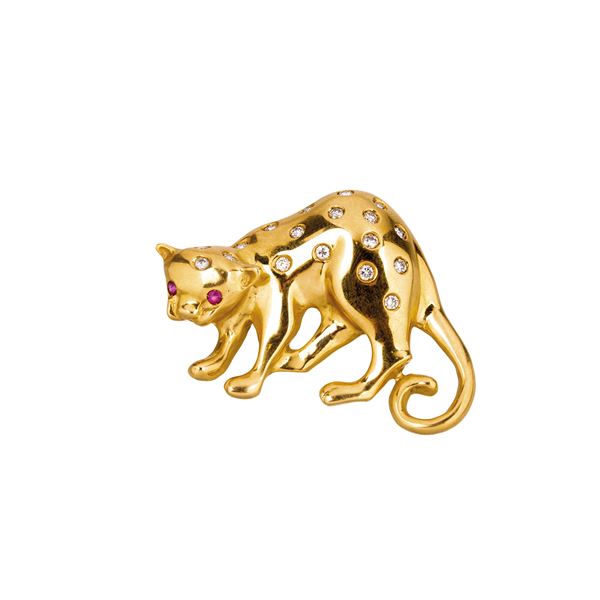Grande  pendente gatto in oro giallo 18 kt e diamanti
