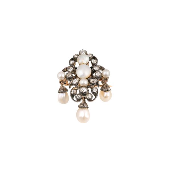 Low gold pendant, silver, diamonds and pearls