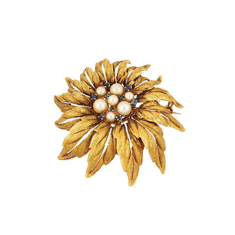 Spilla Girasole in oro giallo 18 kt, zaffiri e perle
