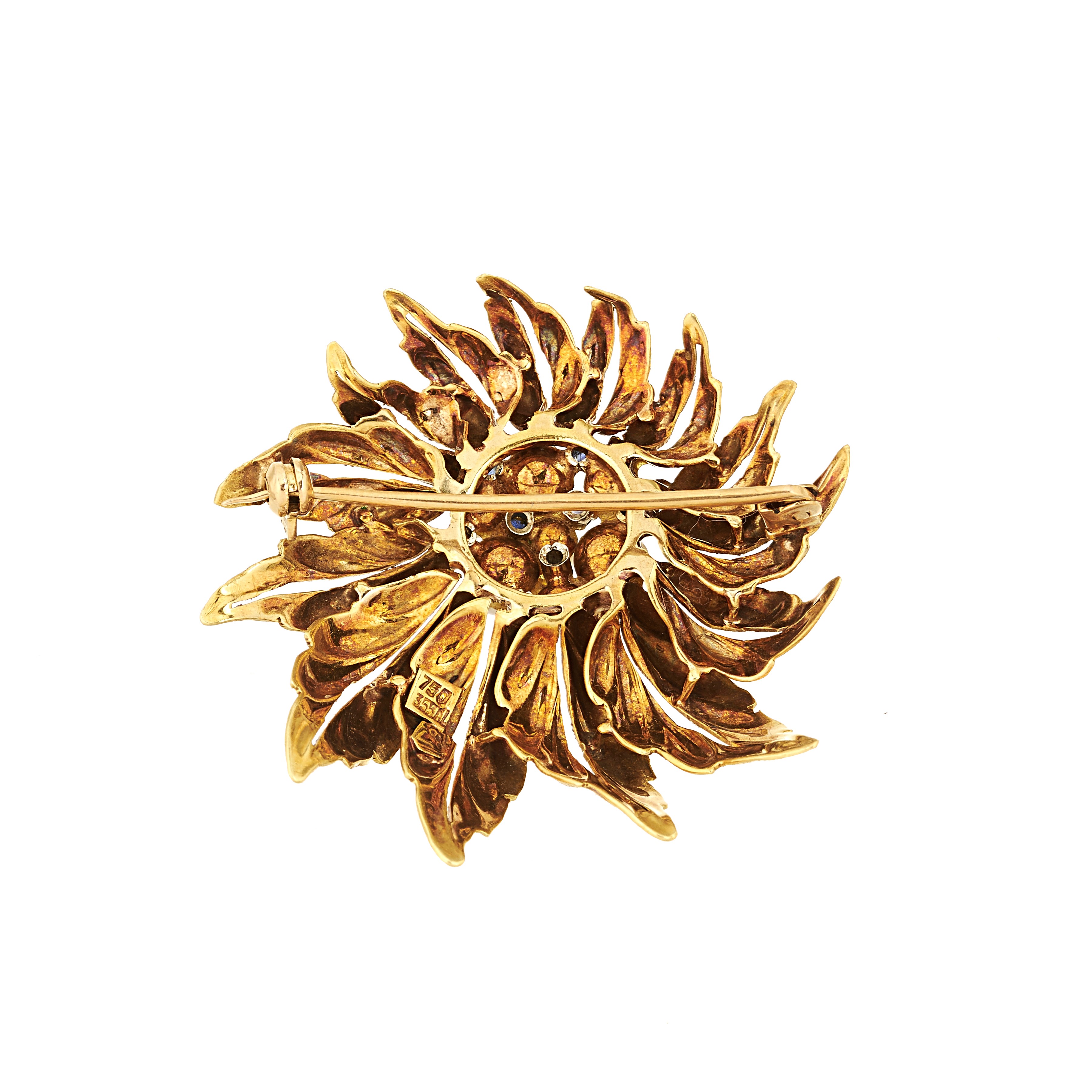 Spilla Girasole in oro giallo 18 kt, zaffiri e perle