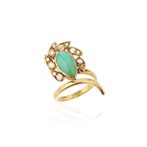Anello floreale in oro giallo 18 kt, diamanti e turchese