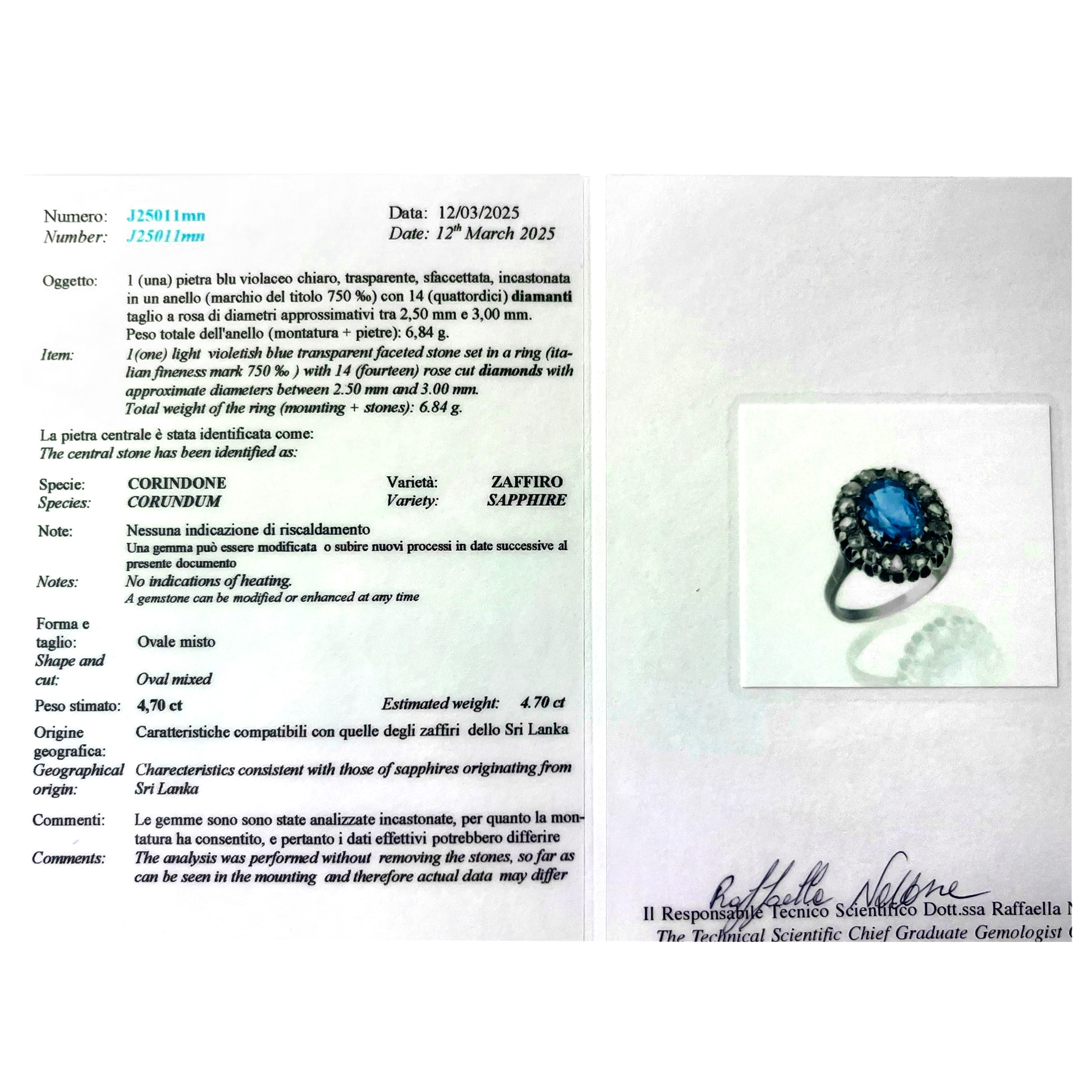 Anello a margherita in oro bianco, diamanti e zaffiro naturale Sri Lanka