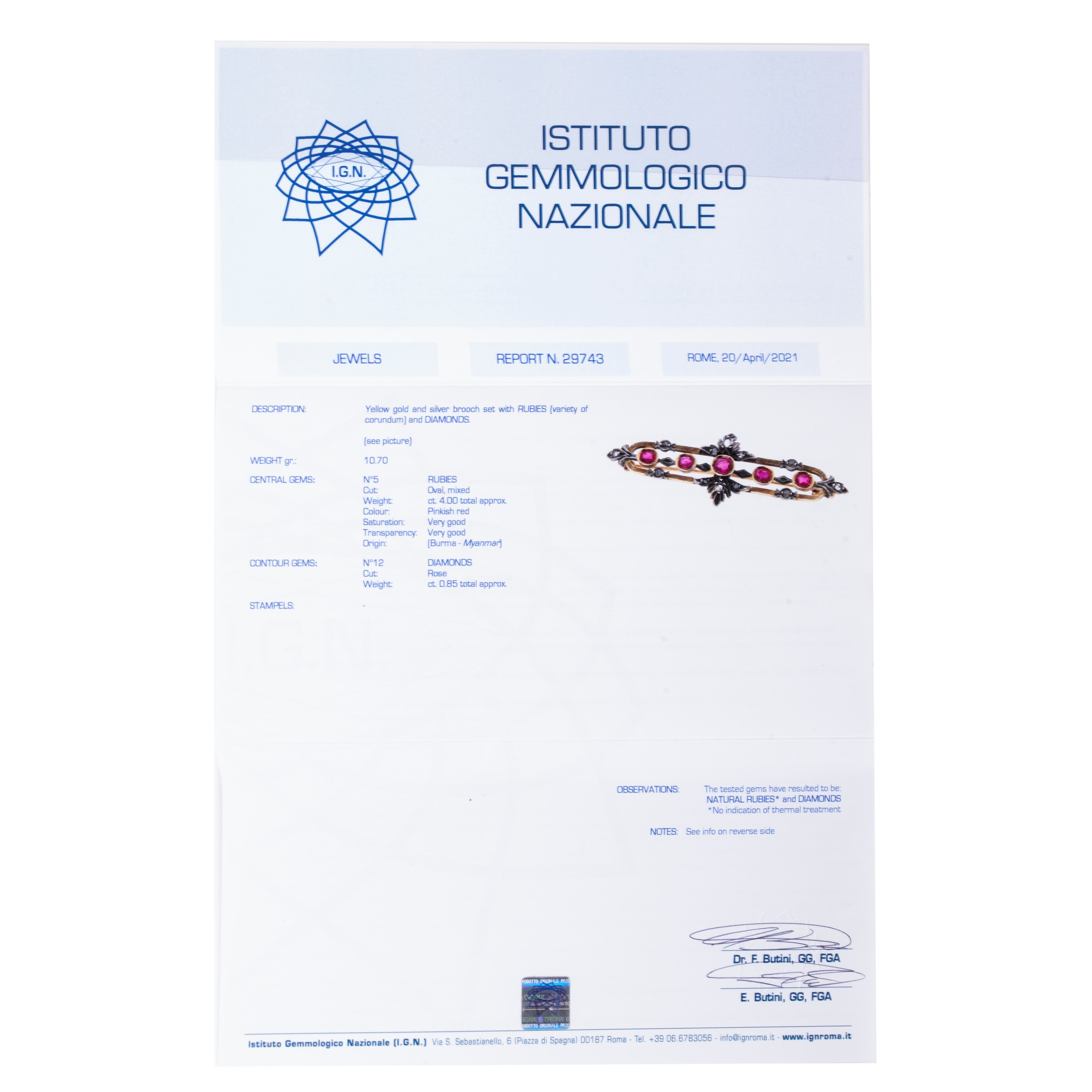 Spilla a barretta in oro giallo 18 kt, argento, diamanti e rubini naturali Birmani