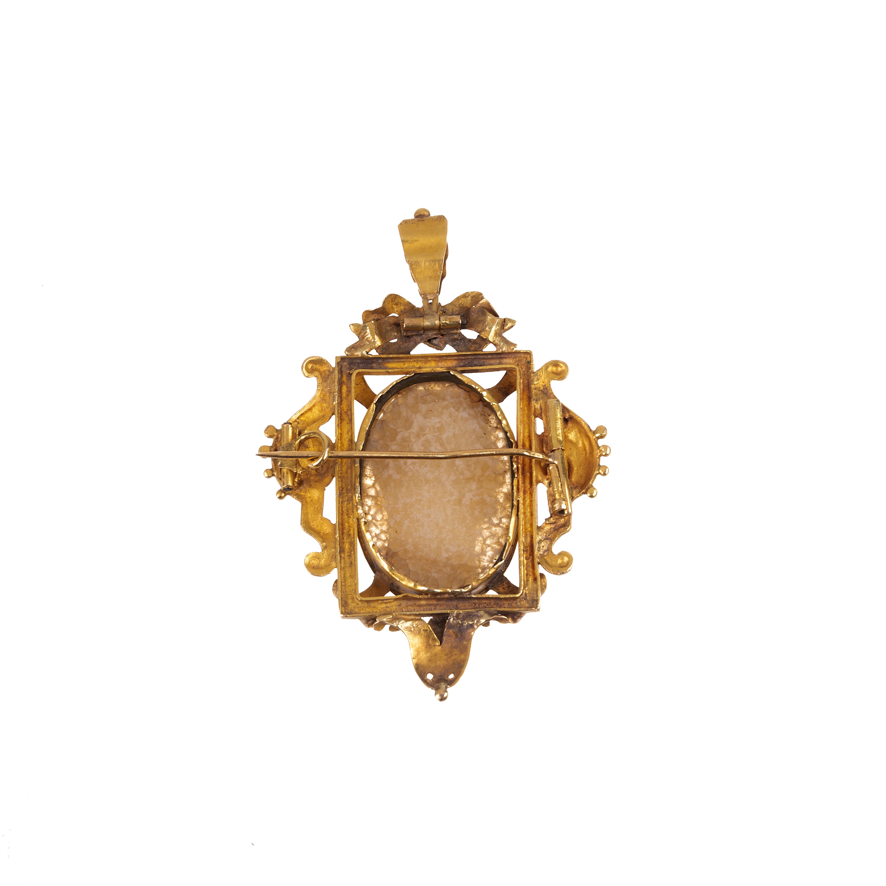 Spilla pendente in oro giallo 18 kt e cammeo inciso con profilo maschile