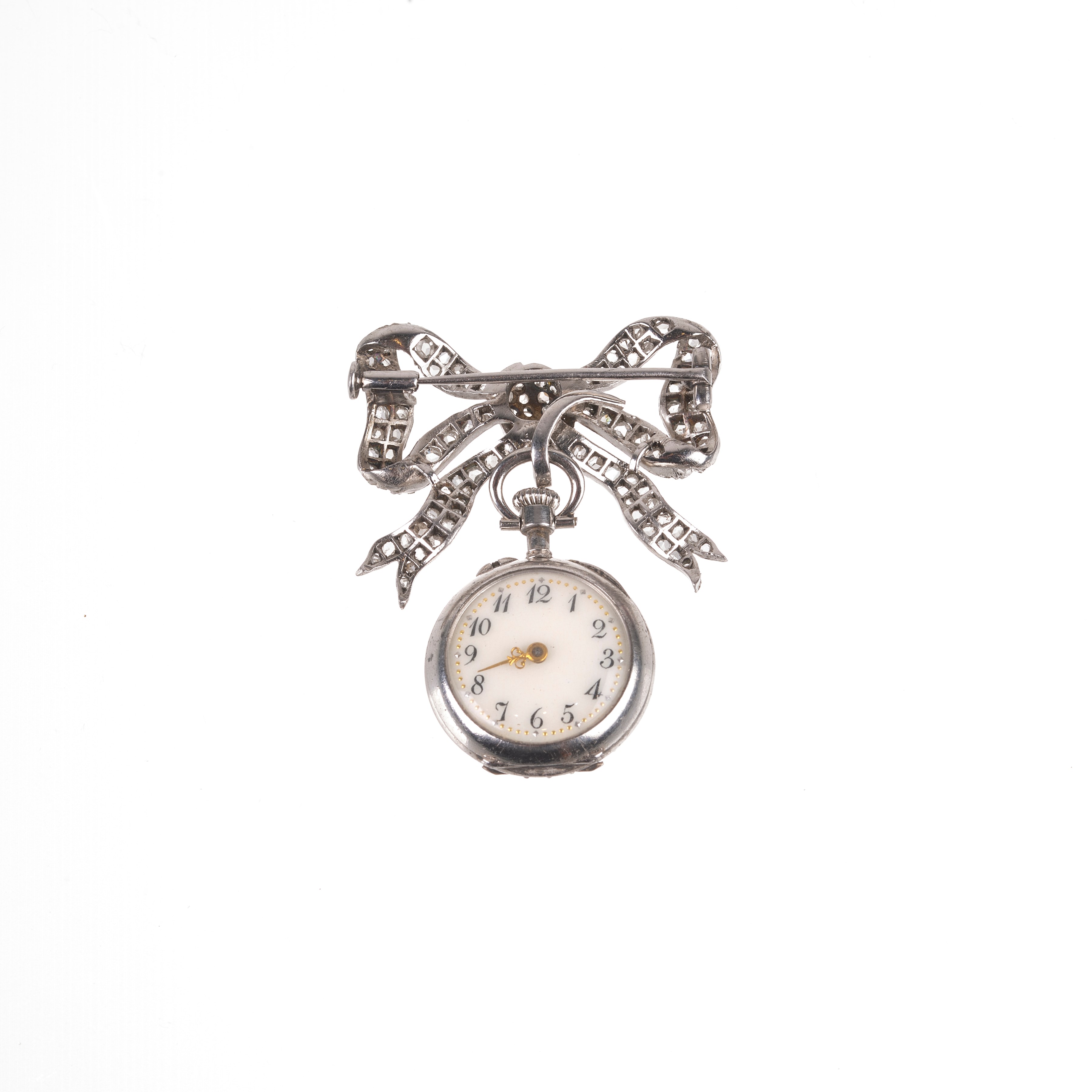 Spilla a fiocco con orologio in oro bianco 18 kt e diamanti