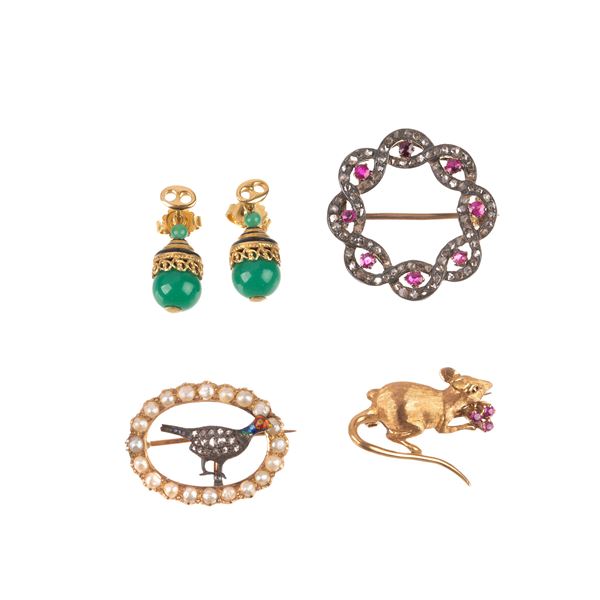 Three low gold, micro-pearls, rubies and diamonds brooches and yellow gold and green agate earrings