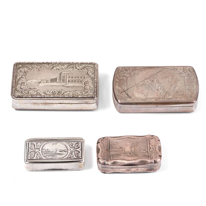 Quattro scatoline porta tabacco con vedute incise in argento 800