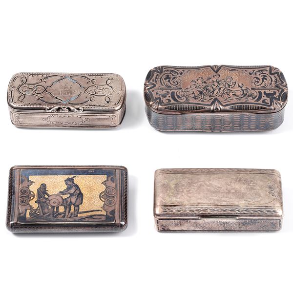 Four snuff boxes with landscapes and scenes of everyday life in 800 silver, decorated with niello