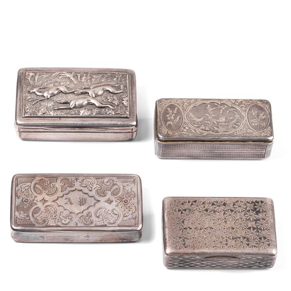 Four snuff boxes in 800 and 900 silver, decorated with embossing, intaglio and niello  (Beginning of the twentieth century)  - Auction Auction of Old Jewellery, Modern Jewellery, Precious Stones and Silver Collection - Curio - Casa d'aste in Firenze
