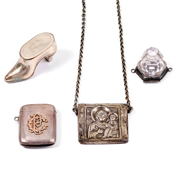 Chain with pendant, match box, shoe box, 800 sterling silver and crystal holder