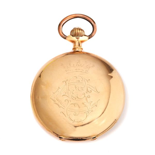 Pocket watch with double case in 18 kt yellow gold