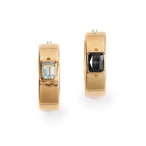 Pair of large 18 kt yellow gold and synthetic spinel pendant earrings