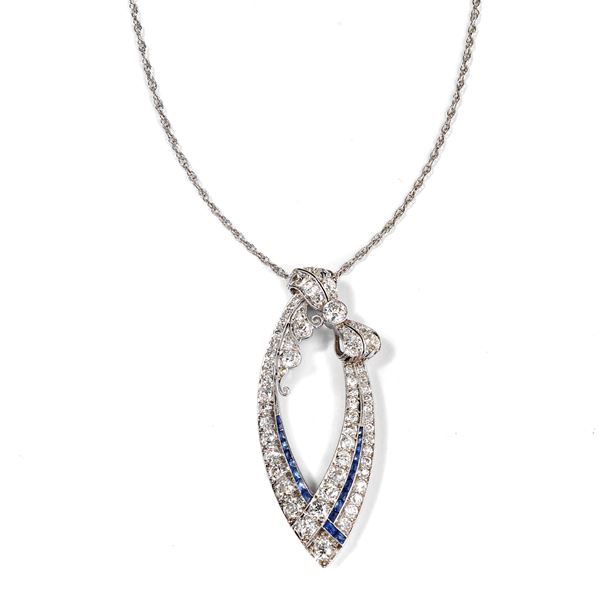 Pair of 18 kt white gold, diamond and sapphire pendant earrings
