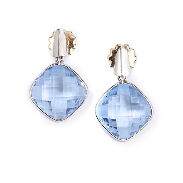 Pair of white gold and synthetic blue spinel pendant earrings