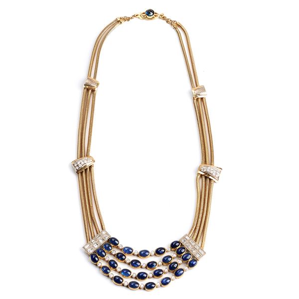 18 kt yellow gold, white gold, diamonds and sapphires necklace