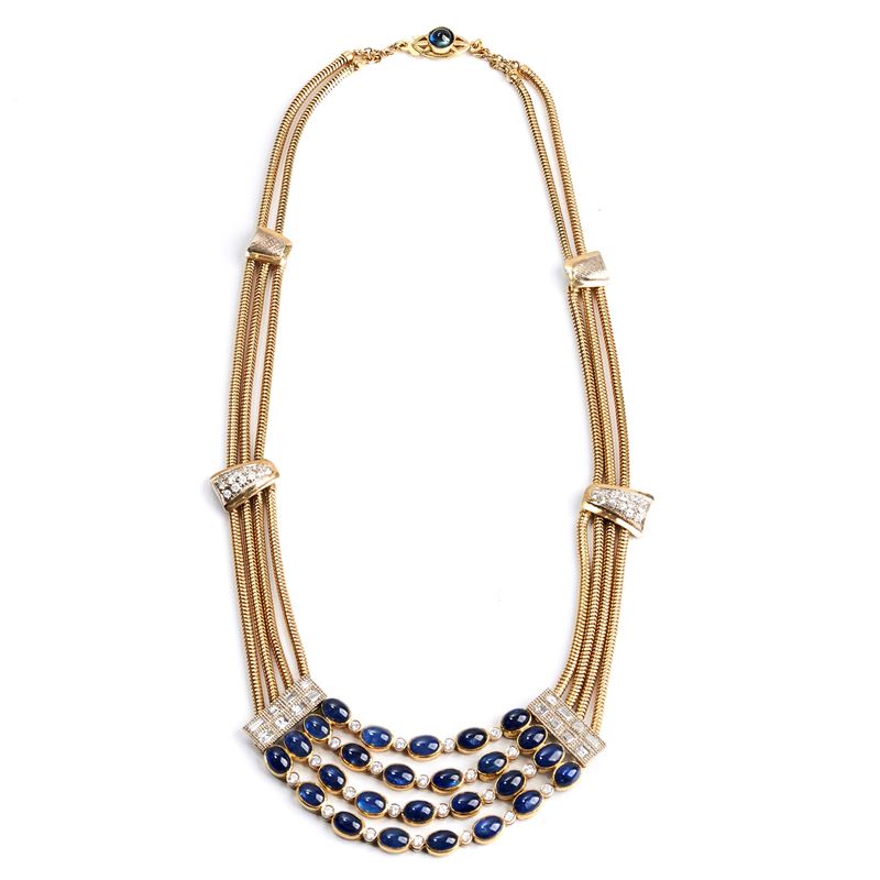 Collier in oro giallo 18 kt, oro bianco, diamanti e zaffiri