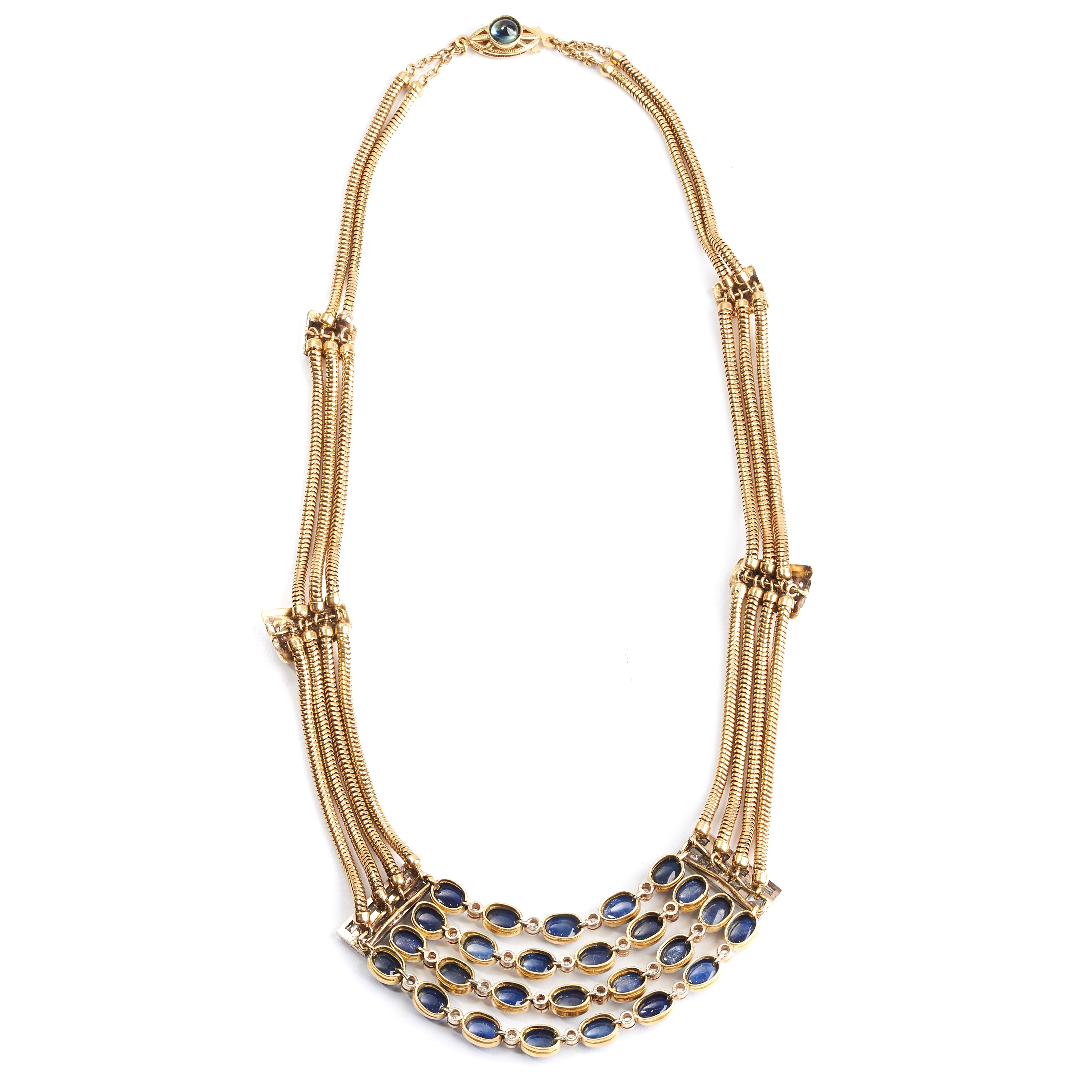 Collier in oro giallo 18 kt, oro bianco, diamanti e zaffiri