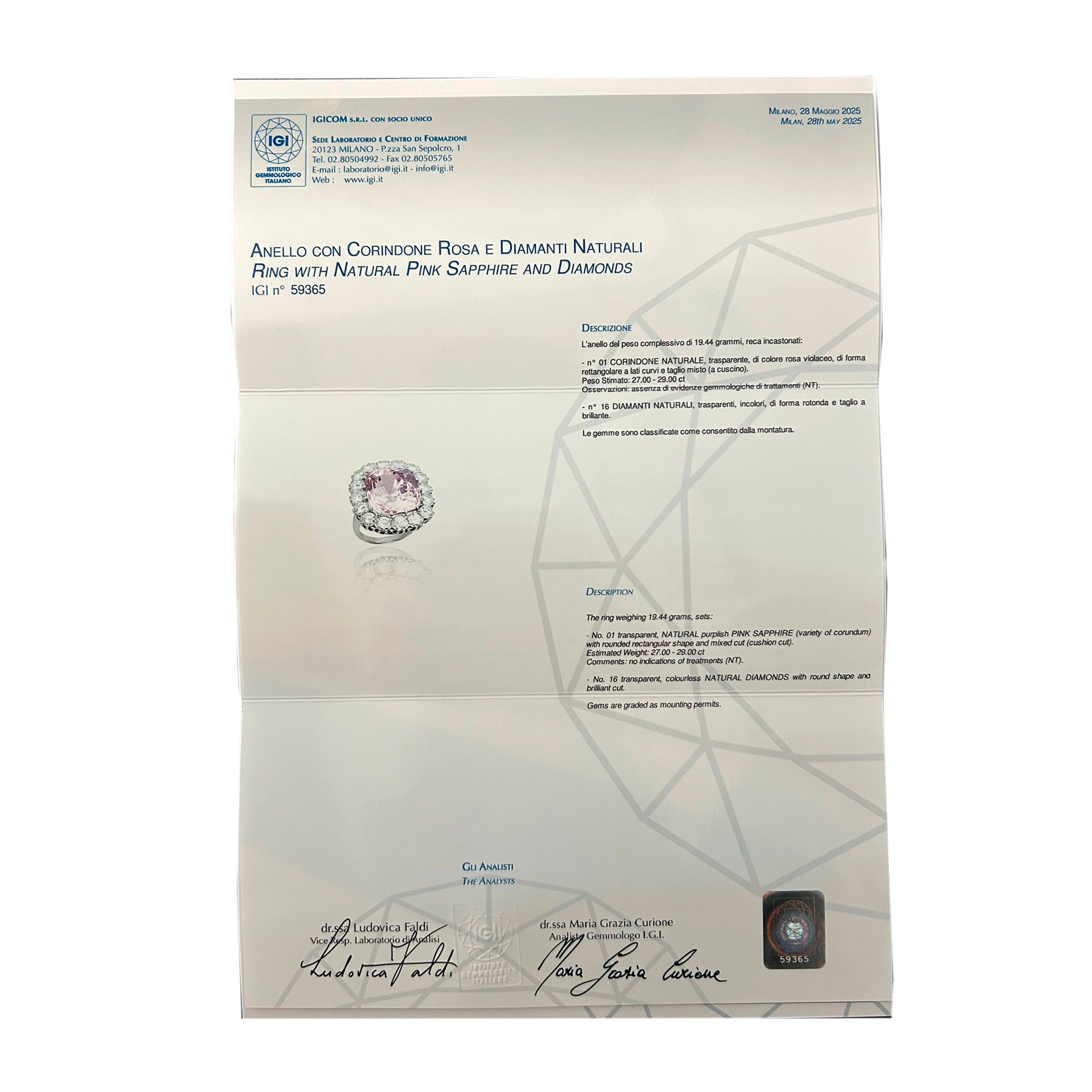 Importante anello a margherita in oro bianco 18 kt, diamanti e grande Zaffiro Rosa Violaceo Natur...